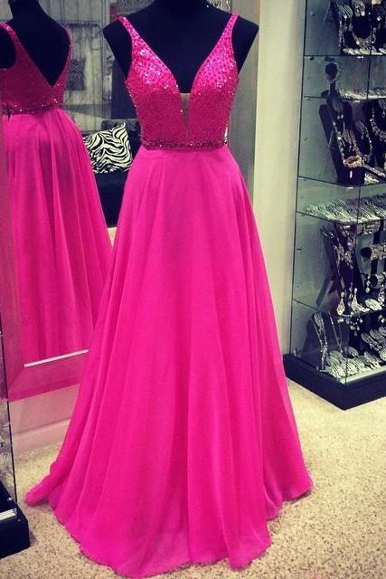 2017 Custom Made Rosy Chiffon Prom Dress,sexy V-neck Beading Evening Dress,floor Length Party Dress,high Quality