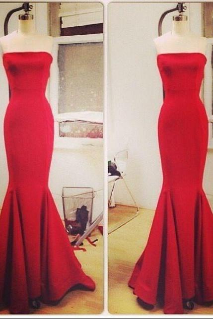 2017 Custom Made Red Mermaid Prom Dress,sexy Strapless Evening Dress,floor Length Party Dress,high Quality