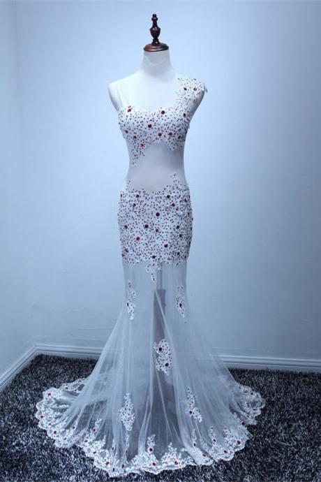 2017 Custom Made White Prom Dress,sexy See Through Evening Dress,mermaid Beaded Party Dress,high Quality
