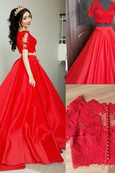 2017 Custom Made Red Lace Prom Dress,Two Pieces Evening Dress,Short Sleeves Party Dress,High Quality