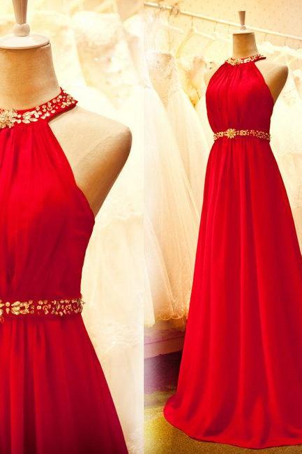 2017 Custom Made Red Chiffon Prom Dress,sexy Halter Evening Dress,beading Party Dress,high Quality