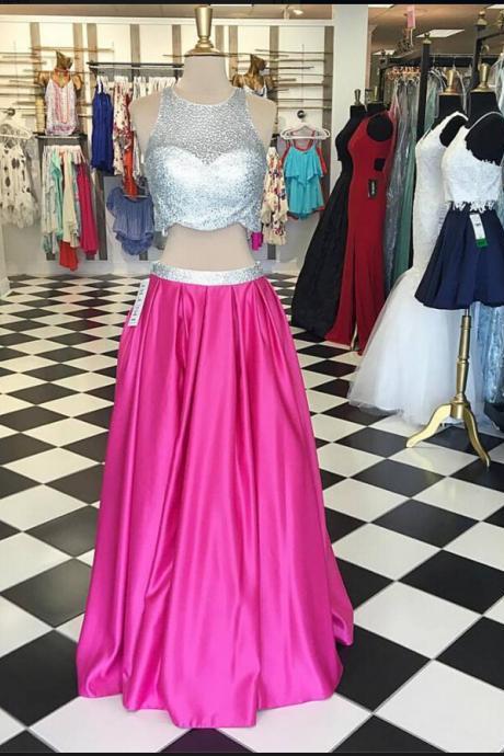 2017 Custom Made Pink Prom Dress,sexy Beading Evening Dress,two Pieces Party Dress,high Quality