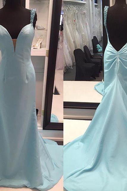 2017 Custom Made Light Blue Prom Dress,Sexy Spaghetti Straps Evening Dress,Beading Party Dress,High Quality