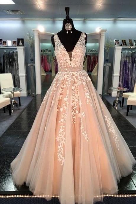 2017 Custom Made Blush Pink Appliques Prom Dress,sexy Deep V-neck Evening Dress,floor Length Party Dress,high Quality