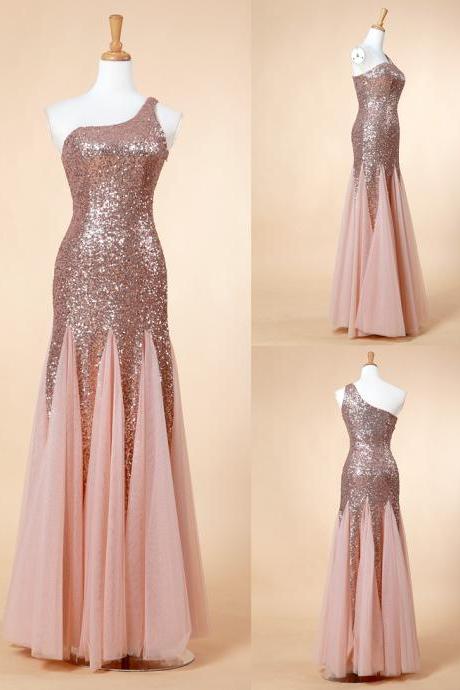 2017 Custom Made Pink Chiffon Prom Dress,sexy One Shoulder Evening Dress,sequined Party Dress,sleeveless Prom Dress,high Quality