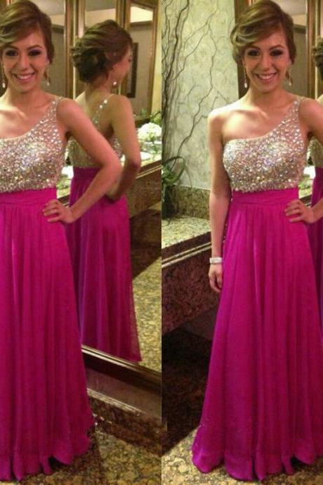 2017 Custom Made Rosy Chiffon Prom Dress,sexy One Shoulder Beaded Evening Dress,floor Length Party Dress,high Quality