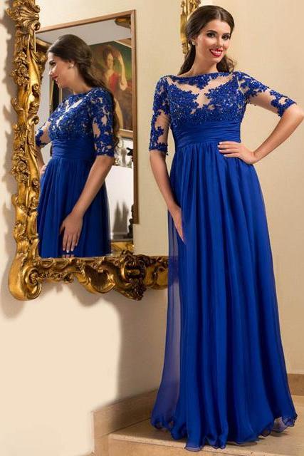 2017 Custom Made Royal Blue Chiffon Prom Dress,Sexy Appliques Beading Evening Dress,Sexy Middle Sleeves Party Dress ,High Quality