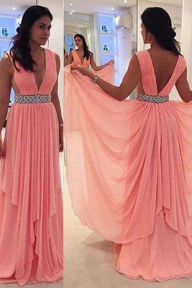 2017 Custom Made Pink Chiffon Prom Dress,deep V-neck And V-back Evening Dress,sleeveless Beaded Party Dress,floor Length Prom Dress,high Quality