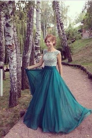 2017 Custom Made Emerald Green Long Evening Dresses, 2017, Arrival, Elegant Sexy, Cap Sleeve, Beaded, Chiffon Formal Prom Dresses ,high Quality