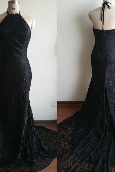 Long Halter Black Lace Prom Dresse 2017 Elegant Mermaid Evening Dresses Sexy Formal Gowns For Women