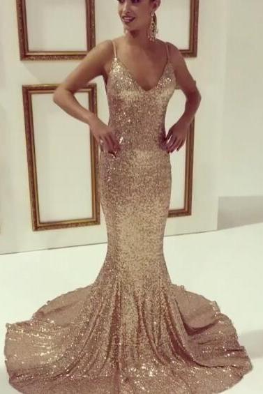 Prom Dresses,Sequins Prom Dresses,Charming Mermaid Prom Dress,Gold Sequins Prom Dress,Spaghetti Strap Evening Dress,V neck Party Gowns,Backless Prom Gowns,Sequins Evening Dresses Mermaid,Sexy Formal Gowns