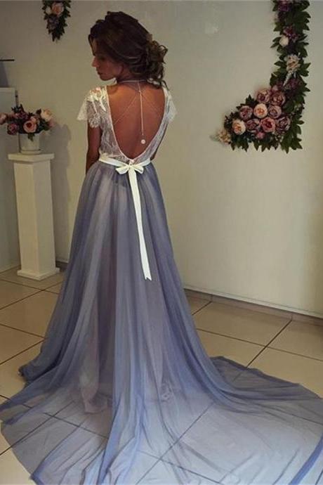 Prom Dress, Short Sleeves Prom Dress,Backless Prom Dress,A-line Blue Prom Dresses,Lace Top Prom Dress,Sexy Prom Gowns,Evening Dresses A-line Long,Prom Dresses 2016 Long,Formal Gowns for Women