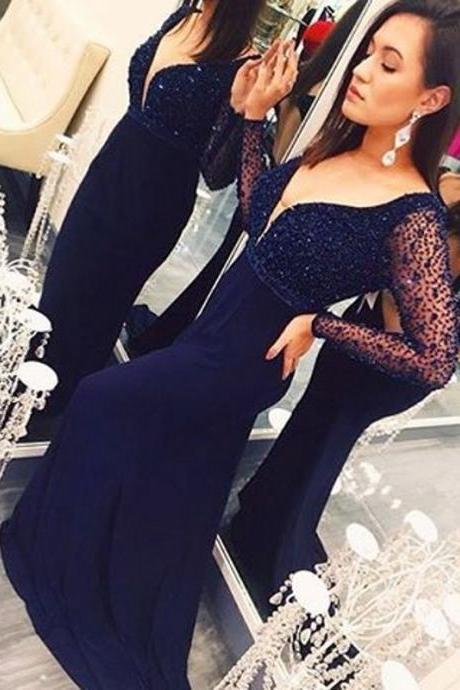 Prom Dresses,Navy Blue Prom Dresses,Chiffon Evening Dress,Backless Prom Dress,Prom Dresses With Long Sleeves,Charming Prom Gown,Open Back Prom Dress,Mermaid Fashion Evening Gowns for Teens