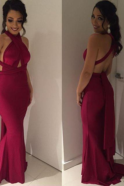 Sexy Burgundy Mermaid Satin Criss Cross Back Long Prom Dresses Evening Party Dresses Gowns Vestidos Plus Size