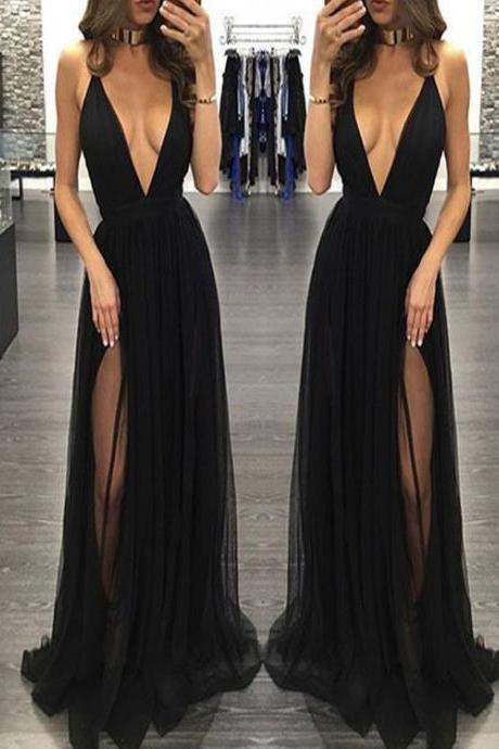 2017 Custom Made Black Chiffon Prom Dress,Sexy Spaghetti Straps Evening Dress,Deep V-Neck Party Dress,Sleeveless Prom Dress,High Quality