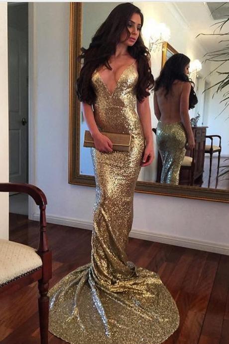 Prom Dresses,Party Dresses,gold prom dresses,sequin evening gowns,open back prom dress,sparkly evening dress,mermaid prom dress 2017,glitter prom gowns