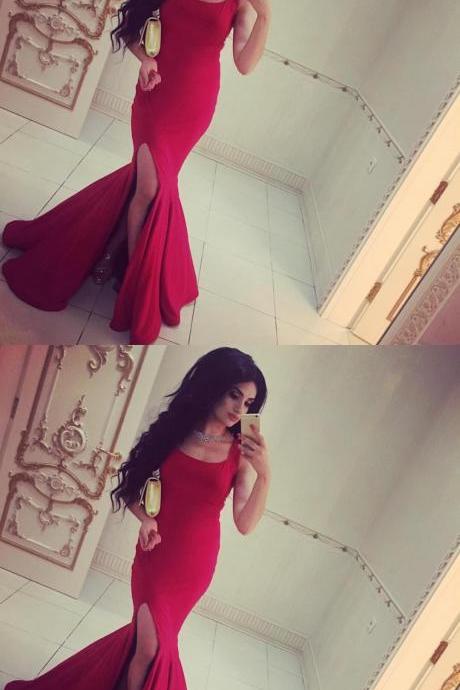 Prom Dresses,party Dresses, Arrival Prom Dress,modest Prom Dress,long Red Jersey Prom Dress,elegant Formal Dress,slit Prom Dress,red Evening