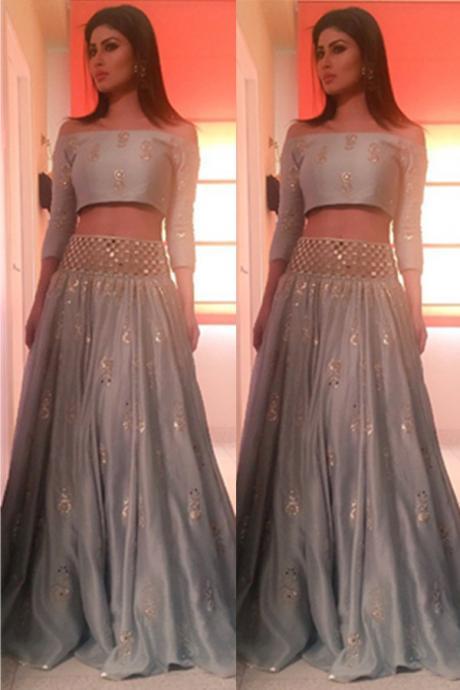 3/4 Sleeves Two Pieces Prom Dresses,Beading A-line Prom Dress For Teens,Beautiful Silver Grey Evening Dresses,Party Prom Dresses