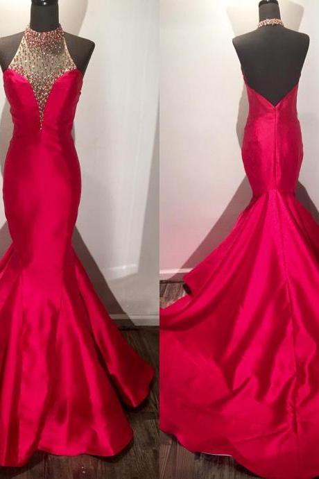 2017 Custom Made Red Mermaid Prom Dress,sexy Halter Party Dress,beading Evening Dress,sexy Backless Party Dress