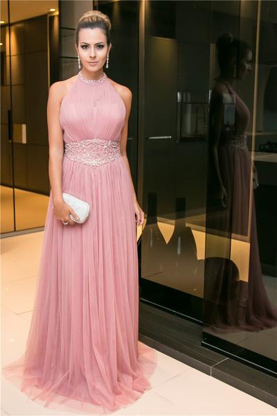 Halter Open-Back Prom Dress,Long Candy-Pink Party Dress,Sleeveless Beaded Evening Dress