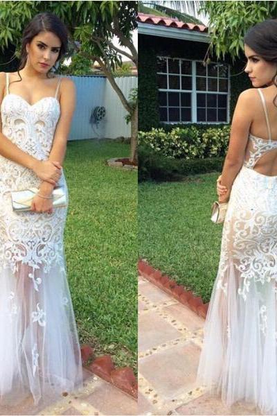 Prom Dress, Arrival Prom Dresses,modest Prom Dresses,glamorous Spaghetti Straps 2017 Evening Dress Sheer Skirt Mermaid Lace Party Gown, Long