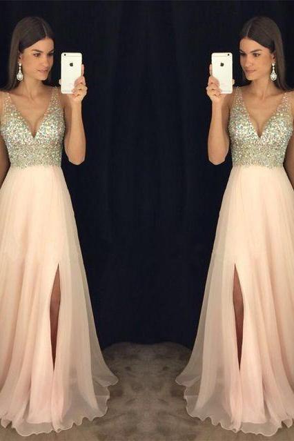 2017 Custom Made Light Pink Chiffon Prom Dress,sexy V-neck Party Dress,beading Evening Dress,floor Length Party Dress