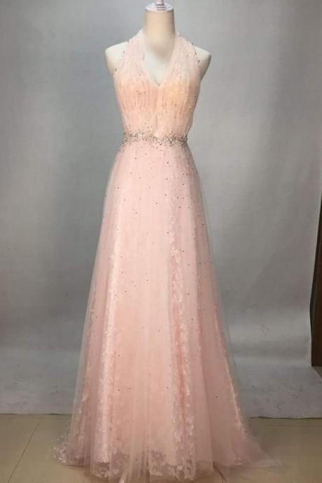 Prom Dress, Sexy Pink Halte Neck Sleeveless Beaded Chiffon Long Prom Dress,party Dress,wedding Guest Prom Gowns, Formal Occasion Dresses,formal