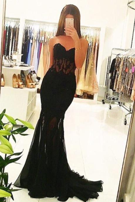 Prom Dress, New Prom Dresses,Tulle Black Sexy Mermaid Sheer 2017 Long Appliques Evening Dresses