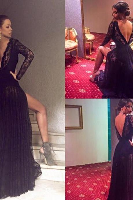 Prom Dress,long Prom Dress Black All Over Lace A-line Full Sleeves Open Back Sweep Train Prom Dresses 2016 Vestidos,custom Prom Dresses, Formal