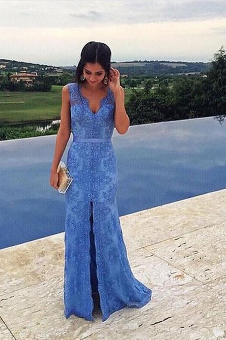 Prom Dress,custom Made Blue Lace Prom Dress,beading Evening Dress,sleeveless Party Gown,v-neck Formal Dress, High Quality Prom Dresses,high