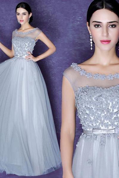 Charming Prom Dress,Grey Prom Dress,Tulle prom dress,applique Prom Dress,O-neck Prom Dress,sexy prom dress,prom dress 2016