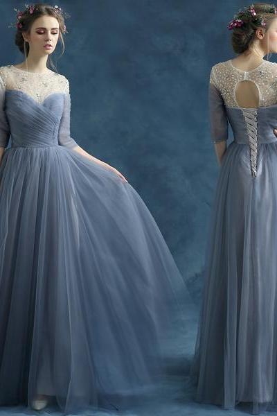 Blue Grey Prom Gown Crystal Half Sleeve Maxi Long Evening Dress Elegant Lace-up Special Occasion Party Dress