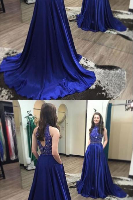 Royal Blue Prom Dresses,sexy Prom Dresses,sleeveless Evening Dresses,beaded Prom Gowns,court Train Prom Dresses,royal Blue Pageant Dress,prom