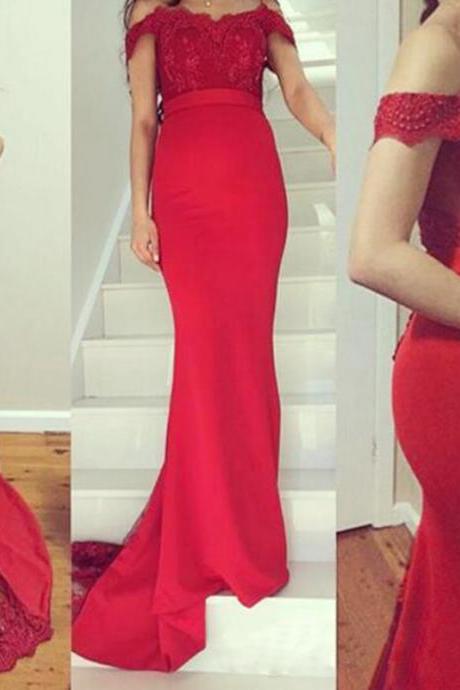 Lace Satin Prom Dress,red Mermaid Prom Dress,sexy Off Shoulder Party Dress,mermaid Pregnant Women Dress