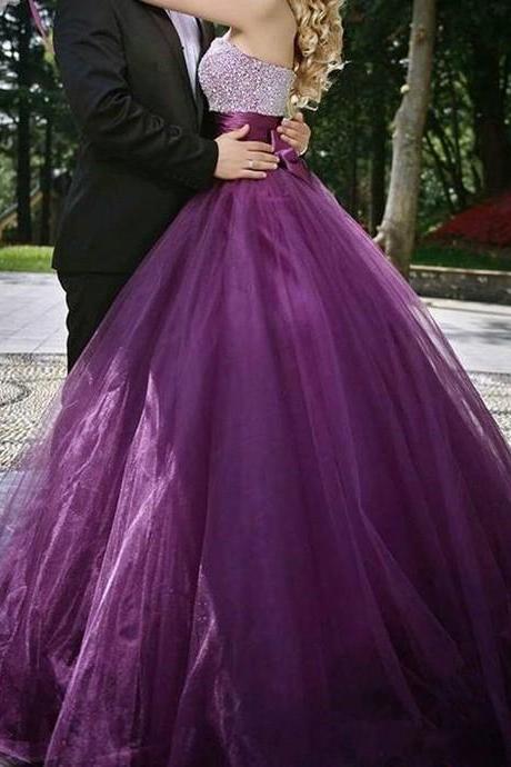 Purple Prom Dress ,shiny Beading Top Prom Dress , Elegant Bow On Back Prom Dress , Sweetheart Floor Length Long Prom Gown , Fee Custom Made