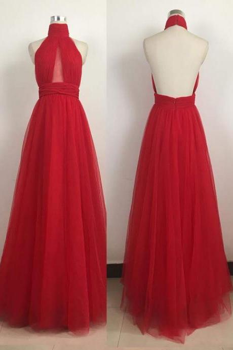 2017 Custom Made Red Chiffon Prom Dress,sexy Halter Party Dress,floor Length Evening Dress,high Quality