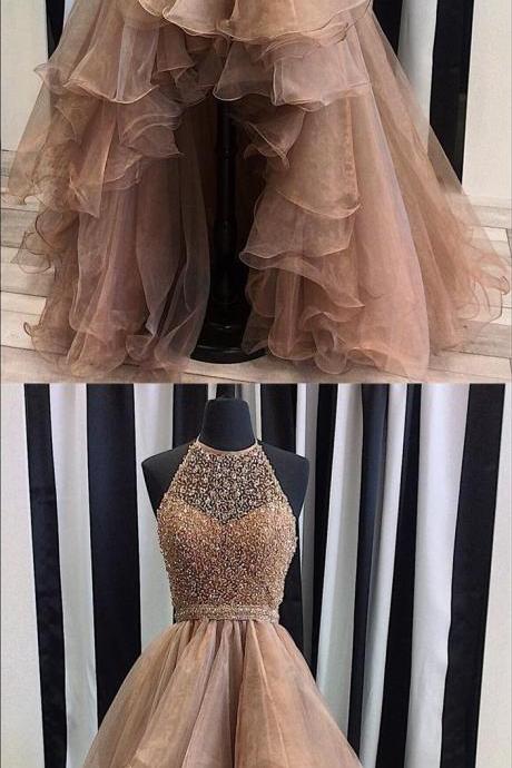 sequins beaded prom dress,organza prom dress,high low prom dress,halter prom gowns,champagne prom dress,prom dresses 2017