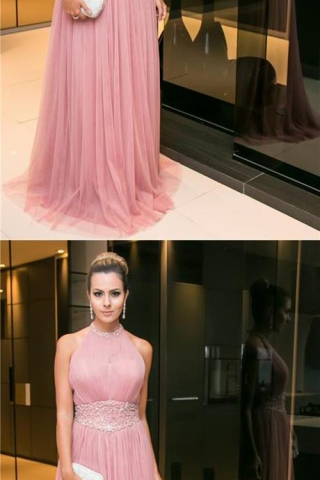 Charming Prom Dress,2017 Tulle Halter Open-Back Long Candy-Pink Sleeveless Beaded Evening Dress