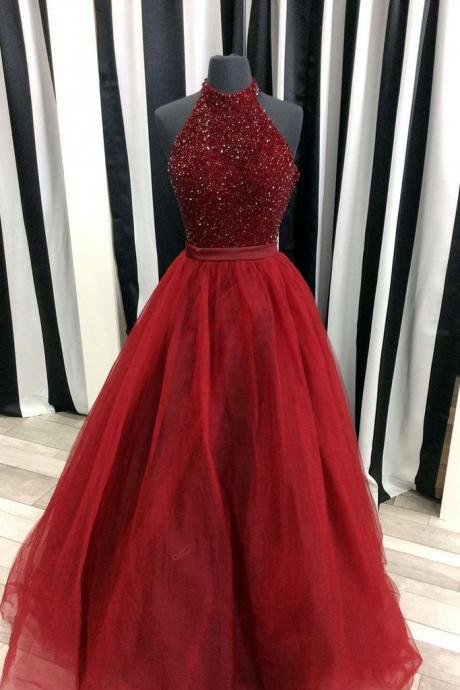 Crimson Organza A-line Sequins Halter Long Prom Dresses,evening Dresses For Teens