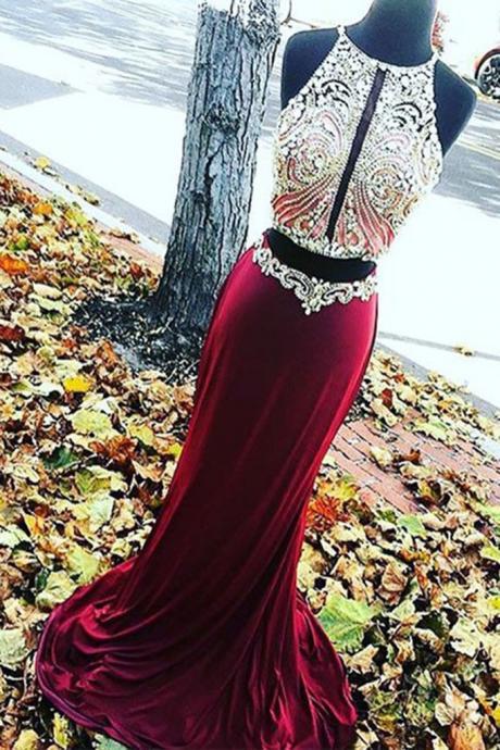 2017 Red Satins Sequins Beaded Two Pieces Cross Back Long Evening Dresses,graduation Dresses