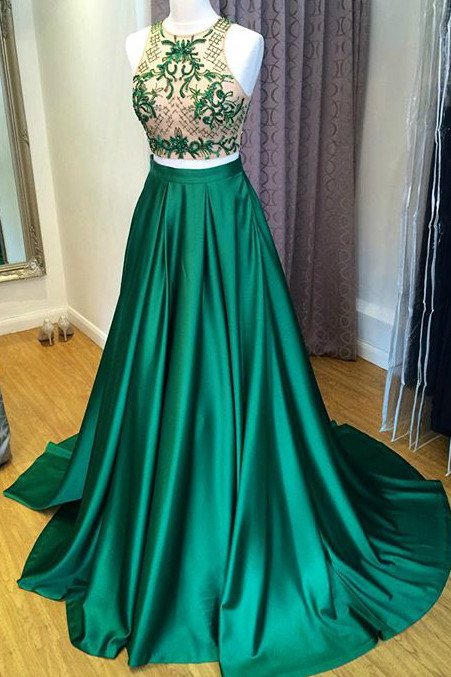 Green Satins Lace Two Pieces Beading A-line Long Dresses,formal Dresses For Graduation