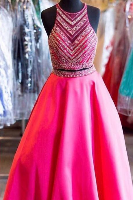 Pink Chiffon Two Pieces O-neck See-through A-line Long Dresses,formal Dresses For Teens