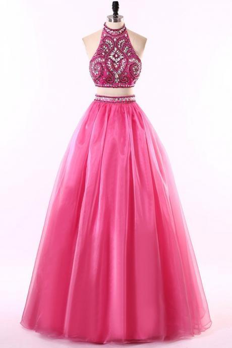 Pink Tulle Two Pieces Beading Rhinestone A-line Long Prom Dresses ,shining Evening Dresses