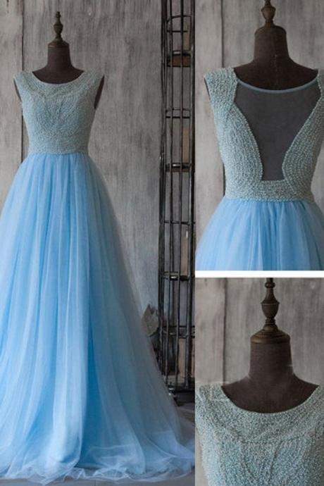 Ice Blue Tulle Round Neck See-through Lace A-line Long Floor-length Evening Dress,princess Dresses