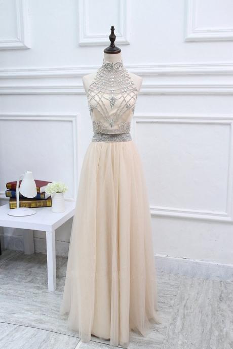 Ivory Chiffon Two Pieces Beading A-line Sequins High Neck Long Dresses,formal Dresses For Graduation
