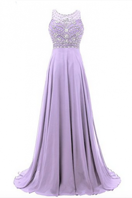 Lavander Chiffon Round Neck Sequins Beaded A-line Long Prom Dresses For Teens,evening Dress