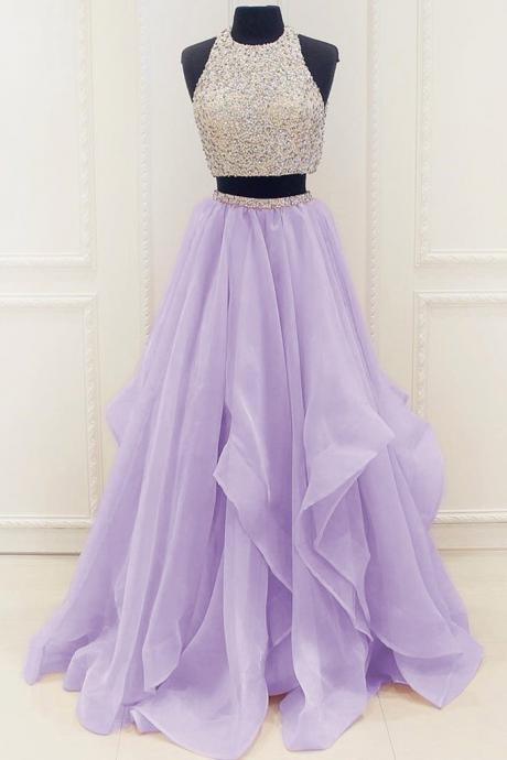 Lavander Organza Two Pieces Sequins A-line Long Prom Dresses,simple Evening Dresses For Teens