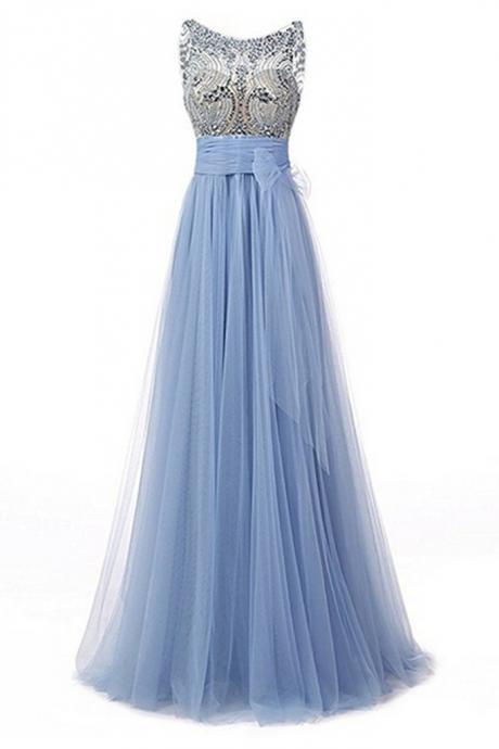 Light Blue Tulle Beading Round Neck A-line See-through Long Prom Dresses ,formal Dresses