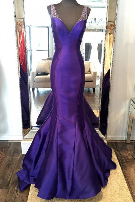 Luxury Purple Satins V-neck Sequins Mermaid Long Prom Dress