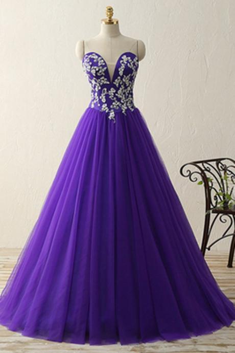 Luxury Purple Tulle Sweetheart Applique A-line Princess Long Prom Dress For Teens, Evening Dresses